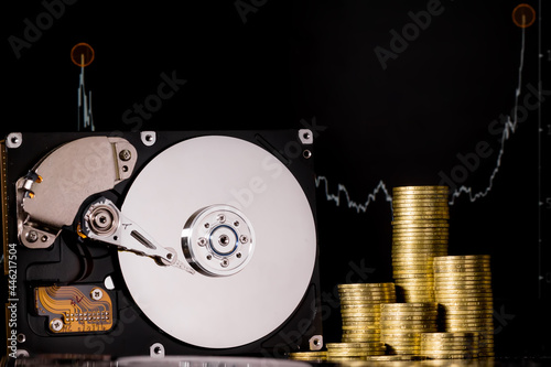 Cryptocurrency Chia and hard disk server for mining . New Crypto currency ChiaCoin virtual money concept on black background photo