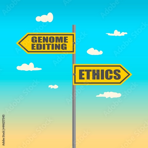 Road signs with genome editing and ethics text pointing in opposite directions.