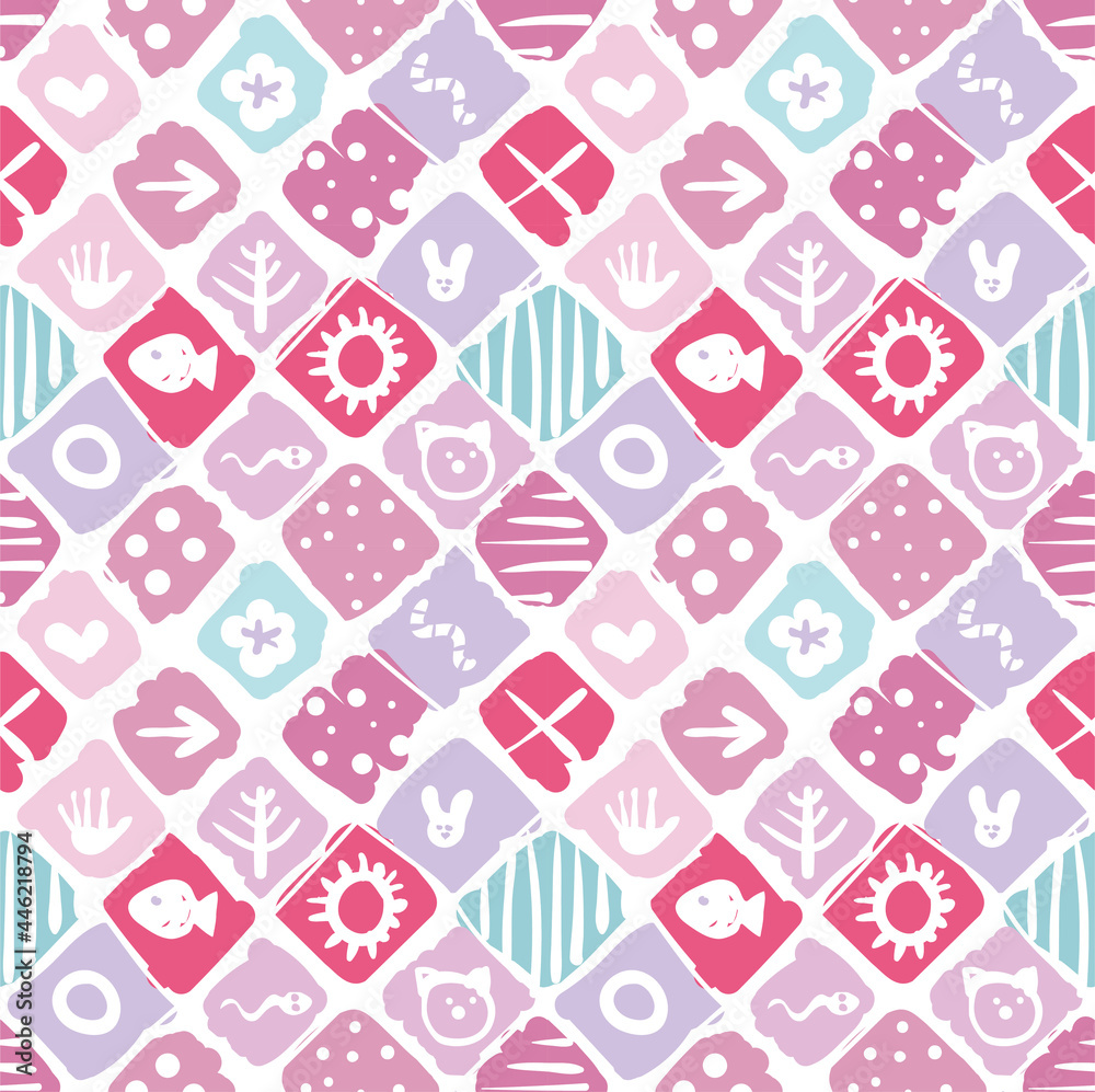 seamless pattern, surface design in a childish naive style  in pinK colors