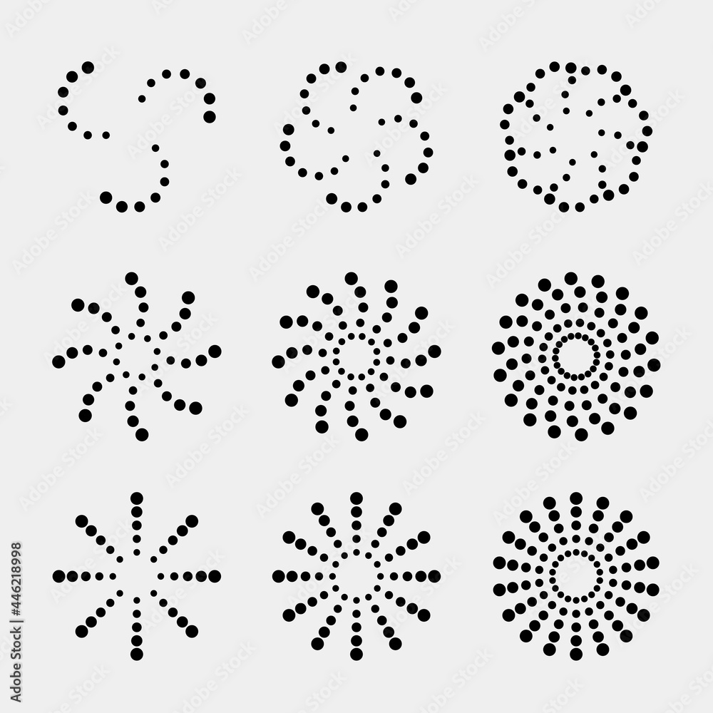 Set of Abstract Halftone Dotted Spiral Vector Design Elements. Futuristic Dot Spiral or Vortex Illustrations for Modern Logo Design