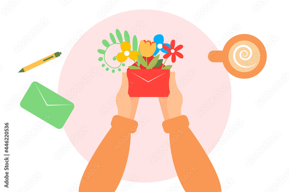 illustration of a woman holding a letter with flowers inside. Hi spring! Spring illustration with cute elements. illustration of a woman holding a letter with flowers inside. Hi spring! Spring illustration with cute elements.