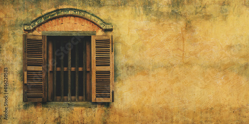 Old cement wall with vintage wood window background.