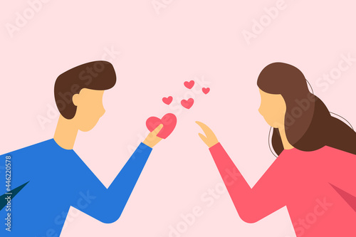 Young guy hands a valentine card to his girlfriend. Cute illustration in flat style.