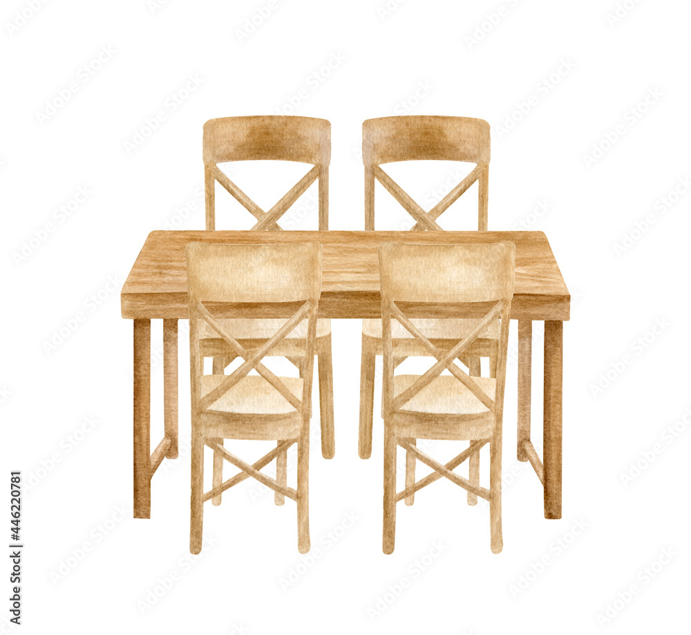Watercolor wood furniture set with table and chairs. Hand drawn brown desk with wooden texture, dinner table, cafe and restaurant interior sketch isolated on white background Watercolor wood furniture set with table and chairs. Hand drawn brown desk with wooden texture, dinner table, cafe and restaurant interior sketch isolated on white background