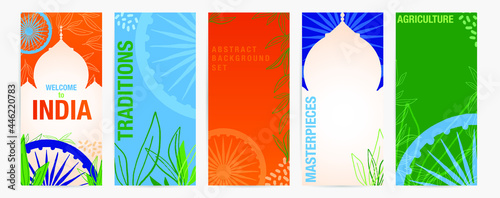 India abstract colorful flyer design set with Taj Mahal sightseen  graphic elements, hand-drawn Ashoka Chakra wheel and abstract shapes. Independence day, national holiday promotional materials.