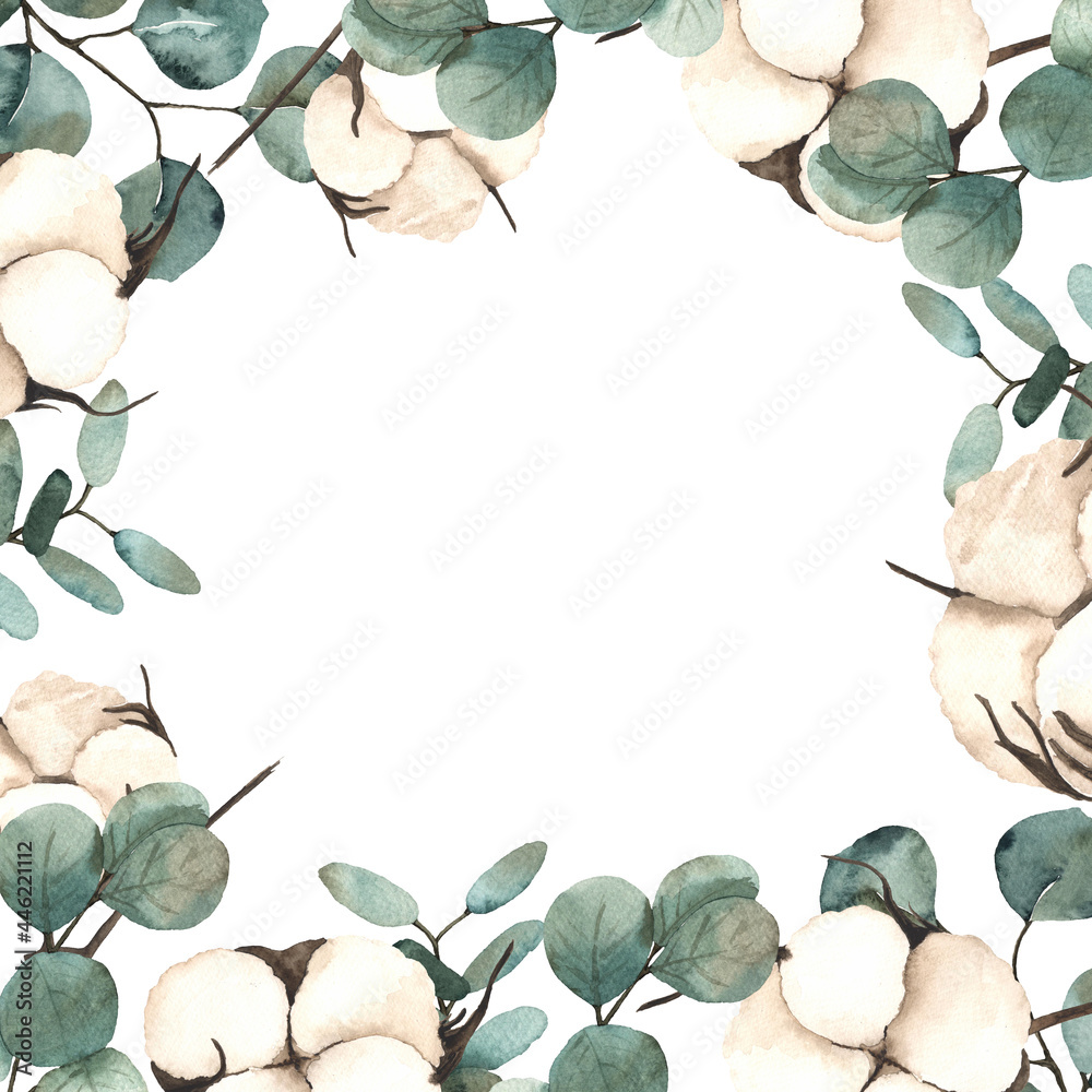 Watercolor autumn frame with cotton flowers and leaves of eucalyptus Watercolor autumn frame with cotton flowers and leaves of eucalyptus