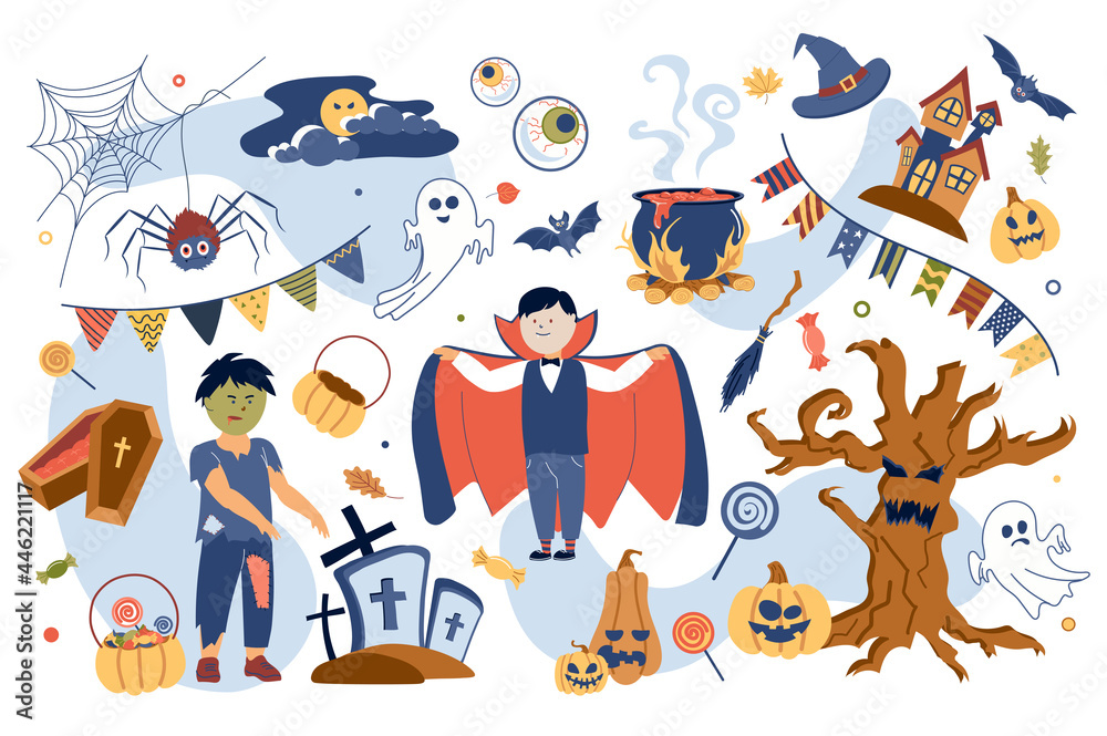 Fototapeta premium Halloween concept isolated elements set. Collection of children in zombie and vampire costumes, tree, pumpkins, cemetery, sweets basket , ghosts and other. Vector illustration in flat cartoon design