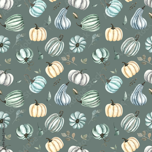Watercolor autumn seamless pattern with colored pumpkins, leaves, branches, berries, cozy autumn elements.