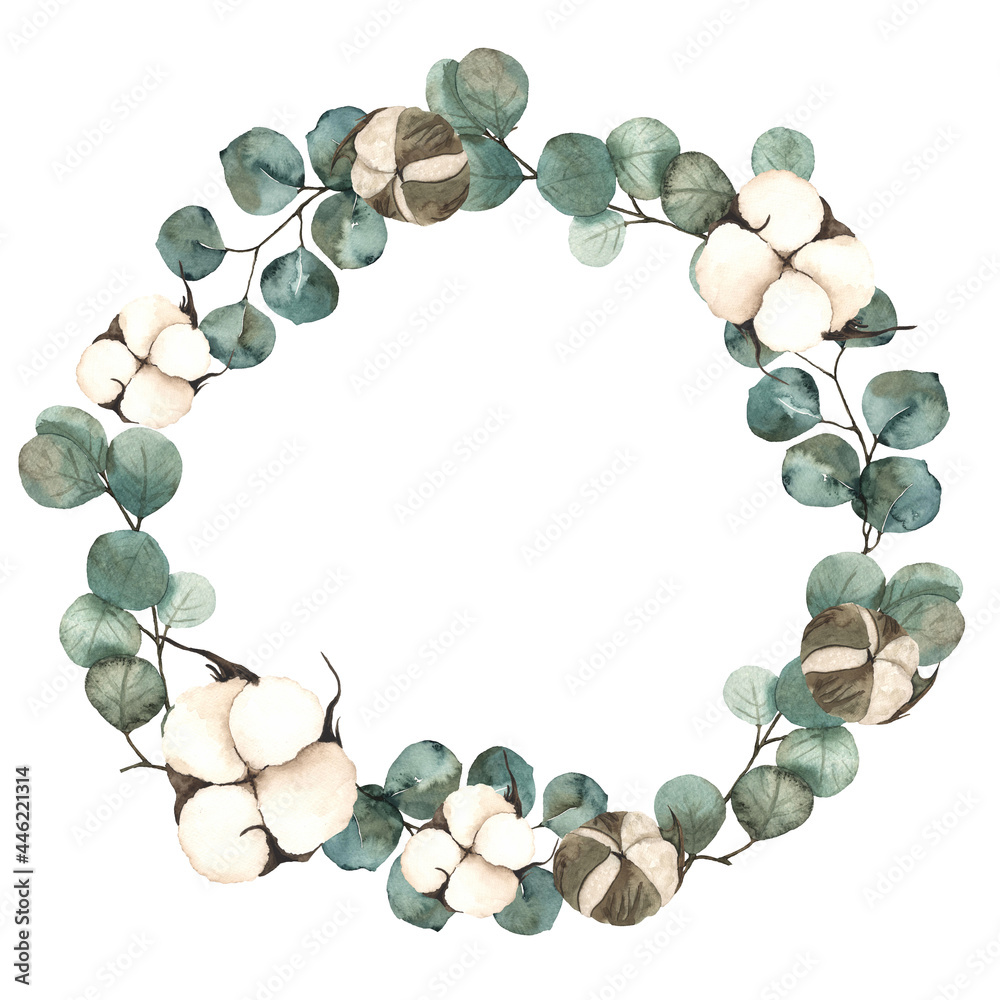 Watercolor autumn wreath with cotton flowers and leaves of eucalyptus Watercolor autumn wreath with cotton flowers and leaves of eucalyptus