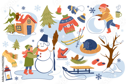 Winter time concept isolated elements set. Collection of girl and boy make snowman, skiing and sledding, warm clothes, cozy home, sleeping cat and other. Vector illustration in flat cartoon design