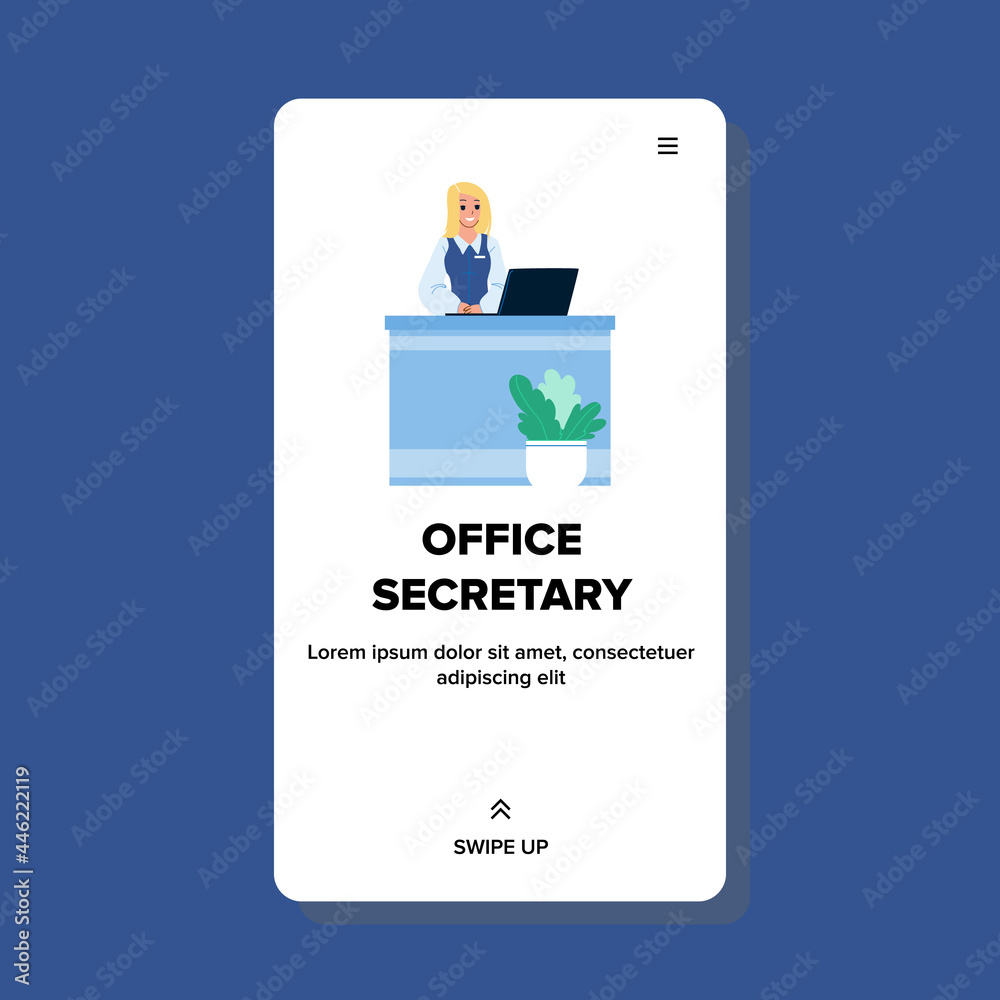 Obraz premium Office Secretary Working At Reception Desk Vector. Woman Office Secretary Work At Table With Computer. Character Businesswoman Professional Occupation In Company Web Flat Cartoon Illustration
