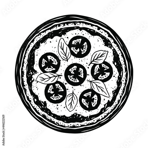 Vector sketch of Margherita pizza. Tasty Italian pizza topped with tomato sauce, mozzarella cheese, tomatoes and basil. Vector black and white illustration.