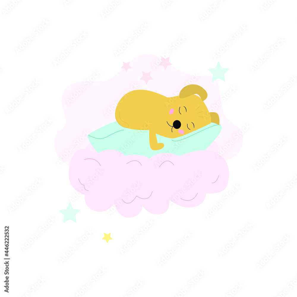 Cute dog sleeping on pillow, cloud isolated on white. Poster for nursery baby, print, kids room Cute dog sleeping on pillow, cloud isolated on white. Poster for nursery baby, print, kids room