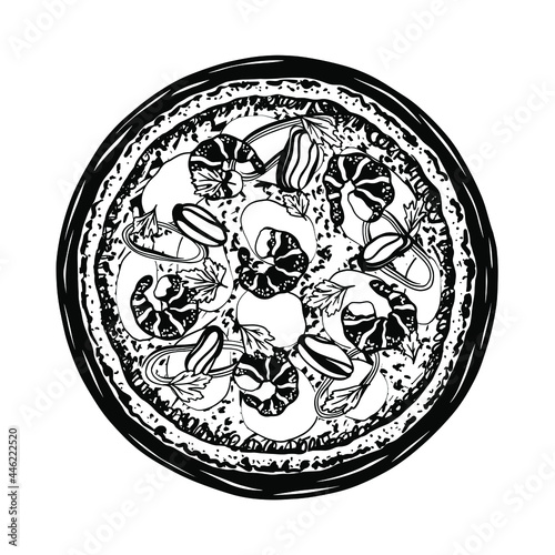 Vector sketch of Seafood pizza. Tasty Italian pizza topped with mozzarella cheese, prawns,  calamari, mussels and parsley. Vector black and white illustration.