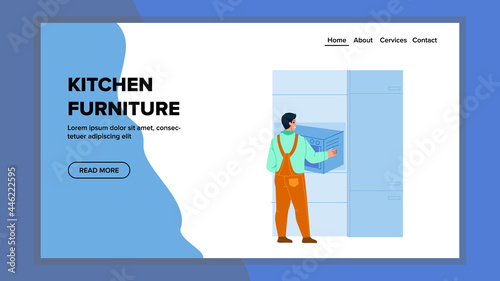 Kitchen Furniture Installing Serviceman Vector. Handyman Install Electrical Oven In Kitchen Furniture, Service Worker. Character Professional Occupation Web Flat Cartoon Illustration
