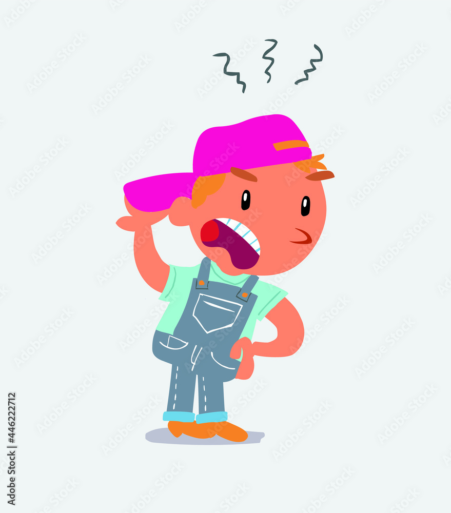 Indigned cartoon character of little boy on jeans vehemently shakes his hand. Indigned cartoon character of little boy on jeans vehemently shakes his hand.