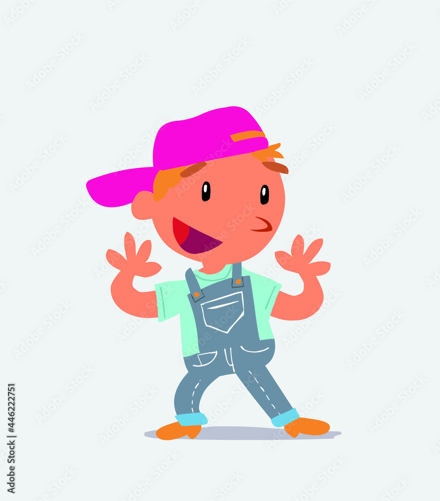 Pleasantly surprised cartoon character of little boy on jeans.