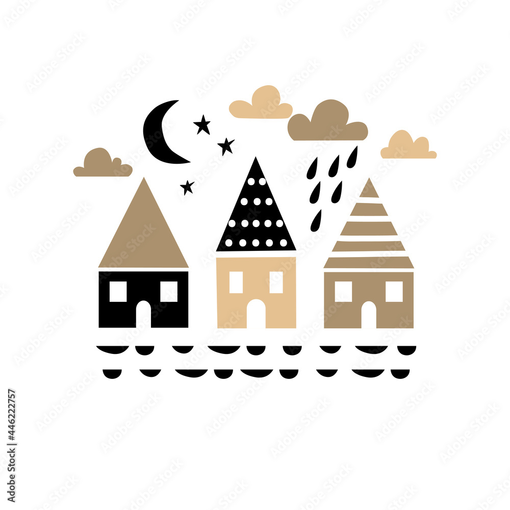 Fototapeta premium Vector card with cute houses. Illustration for children's prints, greetings, posters, t-shirt, packaging, invites. Scandinavian style flat design. 