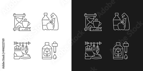 Changing habits and priorities linear icons set for dark and light mode. Slow living. Healthy lifestyle. Customizable thin line symbols. Isolated vector outline illustrations. Editable stroke