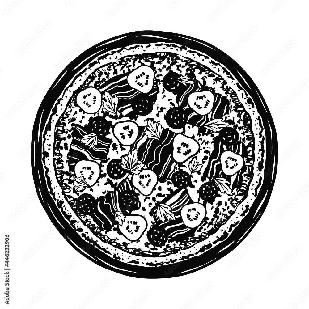 Vector sketch of pizza. Tasty meat pizza topped with tomato sauce, cheese, pickles, bacon, sausages and parsley. Vector black and white illustration.