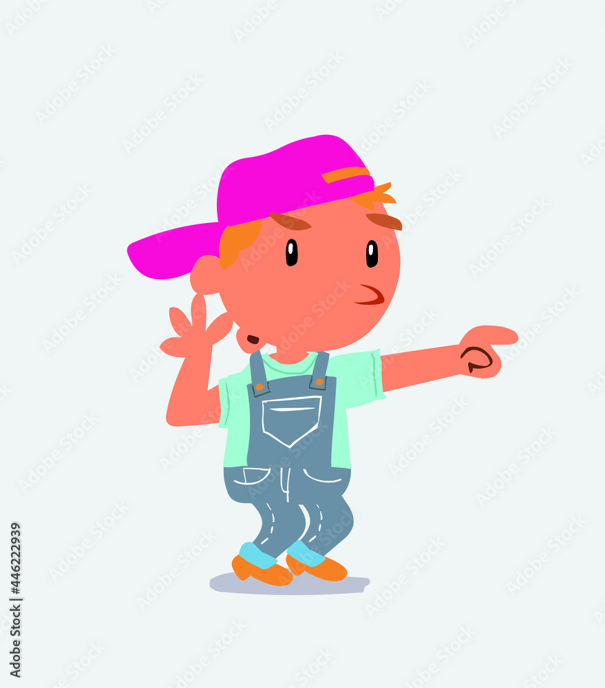 Surprised cartoon character of little boy on jeans points to something Surprised cartoon character of little boy on jeans points to something