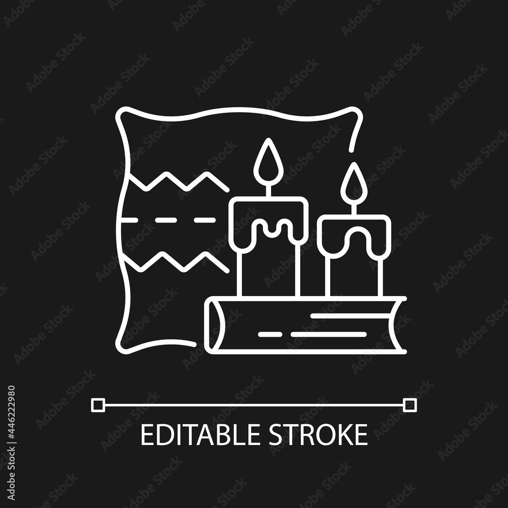 Hygge white linear icon for dark theme. Key to happiness. Nordic lifestyle. Comfortable atmosphere. Thin line customizable illustration. Isolated vector contour symbol for night mode. Editable stroke Hygge white linear icon for dark theme. Key to happiness. Nordic lifestyle. Comfortable atmosphere. Thin line customizable illustration. Isolated vector contour symbol for night mode. Editable stroke