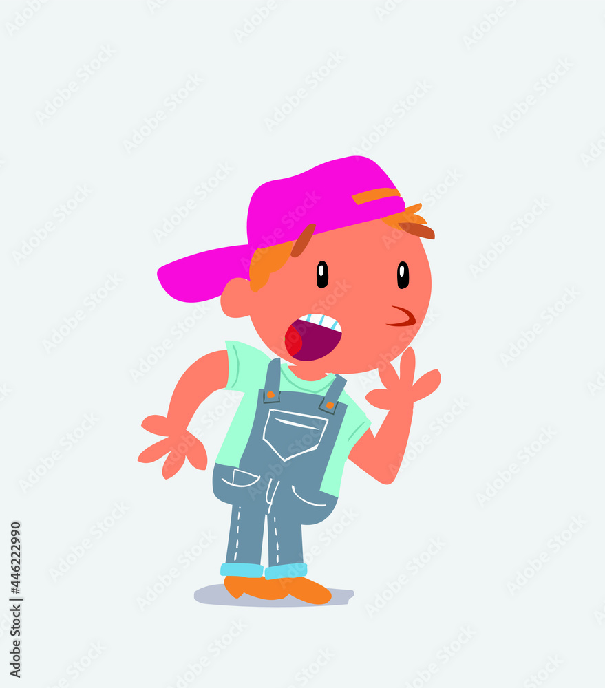 Unpleasantly surprised cartoon character of little boy on jeans looks to the side Unpleasantly surprised cartoon character of little boy on jeans looks to the side