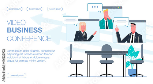 team of businessmen and businesswoman communicate via video link, business video conference takes place remotely in the office flat vector illustration