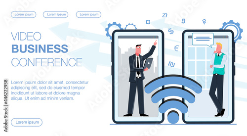 Two business colleagues hold a video business conference over the phone via wifi flat vector illustration