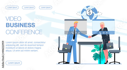 team of businessman and businesswoman communicate via video link, business video conference takes place remotely in the office flat vector illustration 
