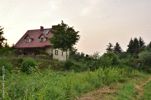 The house on the hill is covered with trees. Evening, Gloomy.