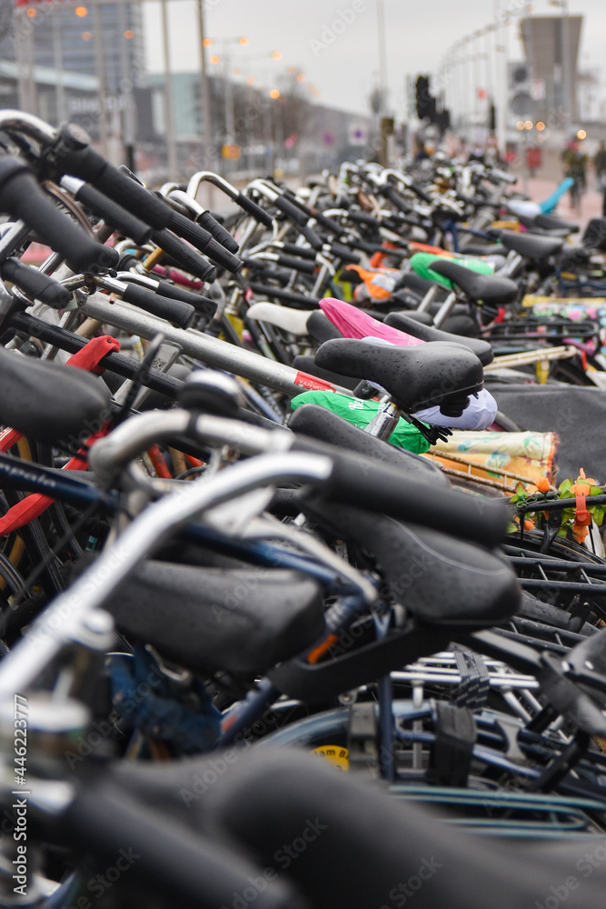 close up of a row of bicycles