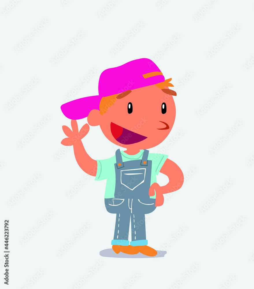 cartoon character of little boy on jeans waving happily