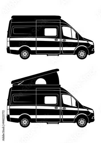 Silhouettes of modern camper van with elevating roof. Side view. Vector.