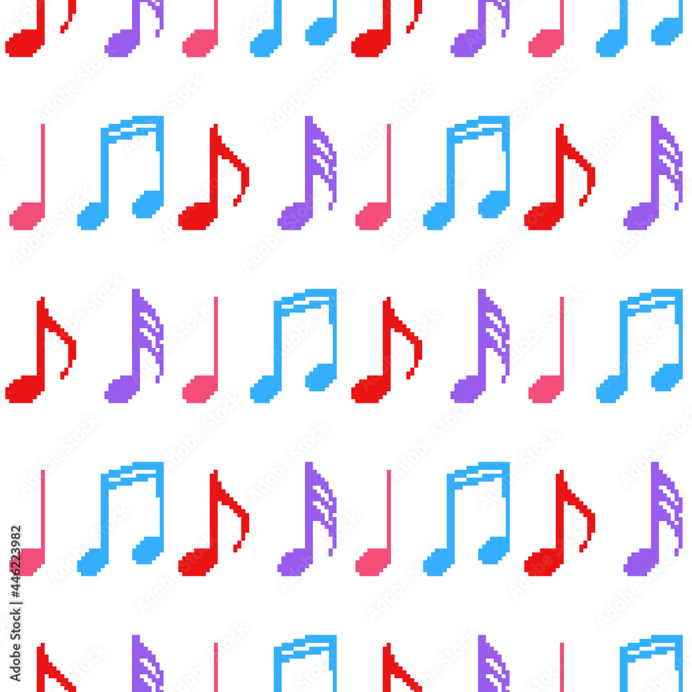 Pixel seamless pattern of pixel music notes. Pixel art 8 bit vector
