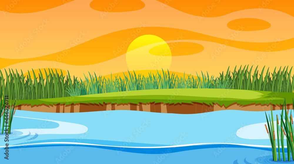 Landscape scene of forest with river and the sun going down Landscape scene of forest with river and the sun going down
