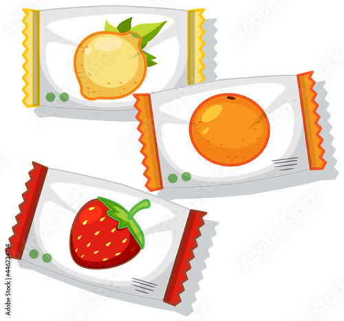 Pack of many different fruits candies isolated