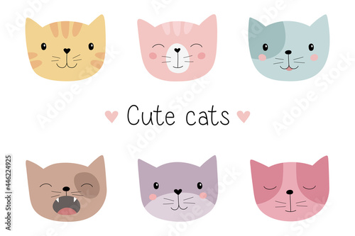 A set of cute cats. Hand drawn cat heads. Vector illustration