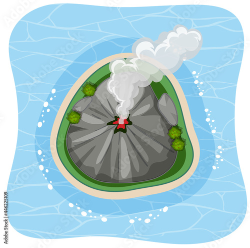 Aerial view of volcano island with smoke isolated