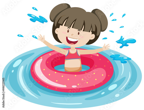 Cute girl with pink swimming ring in the water isolated
