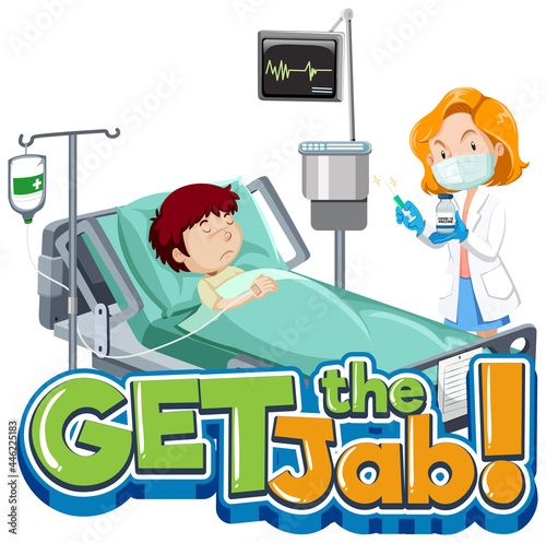 Get the Jab font banner with patient and doctor cartoon character