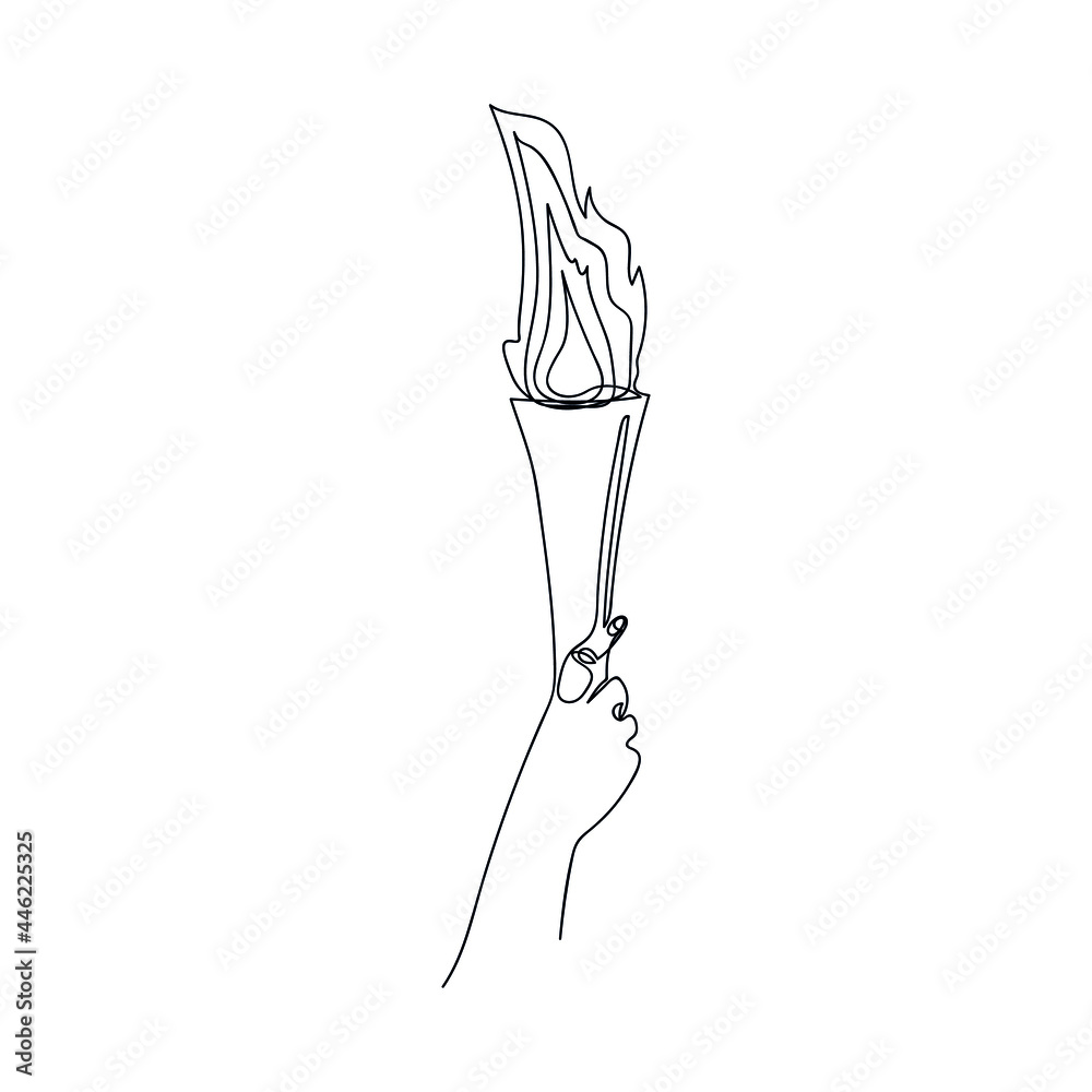 Hand holding torch drawn by one line. Symbol of Olimpic Flame and sports. Sketch. Vector illustration in graphic style. Hand holding torch drawn by one line. Symbol of Olimpic Flame and sports. Sketch. Vector illustration in graphic style.