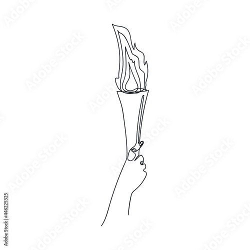 Hand holding torch drawn by one line. Symbol of Olimpic Flame and sports. Sketch. Vector illustration in graphic style.