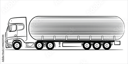 Fuel tanker truck abstract silhouette on white background. A hand drawn line art of a trailer truck car. Vector illustration view from side.