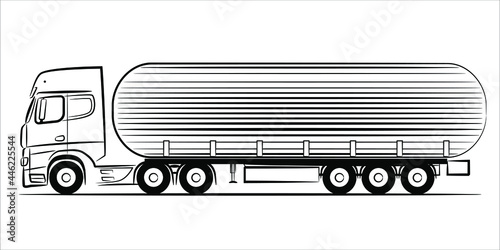 Fuel tanker truck abstract silhouette on white background.  A hand drawn line art of a trailer truck car. Vector illustration view from side.