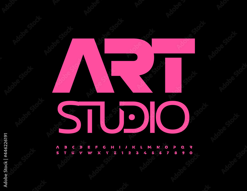 Obraz premium Vector creative sign Art Studio with bright Neon Pink color Font. Techno style Alphabet Letters and Numbers
