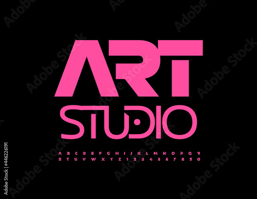 Vector creative sign Art Studio with bright Neon Pink color Font. Techno style Alphabet Letters and Numbers