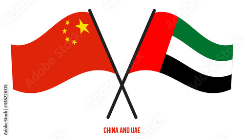 China and UAE Flags Crossed And Waving Flat Style. Official Proportion. Correct Colors.