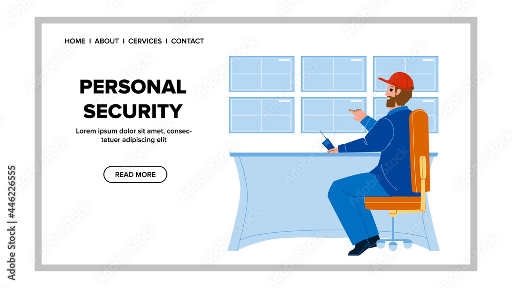 Personal Security Protection Service Worker Vector. Security Security Guard Man Watch Video Surveillance Display. Character Private Bodyguard Occupation Job Web Flat Cartoon Illustration