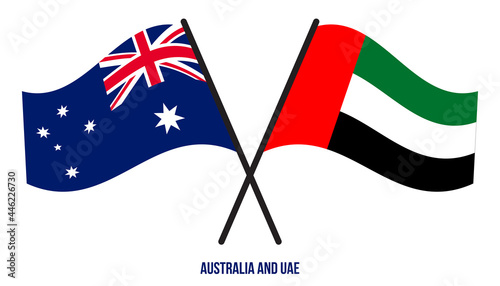 Australia and UAE Flags Crossed And Waving Flat Style. Official Proportion. Correct Colors.